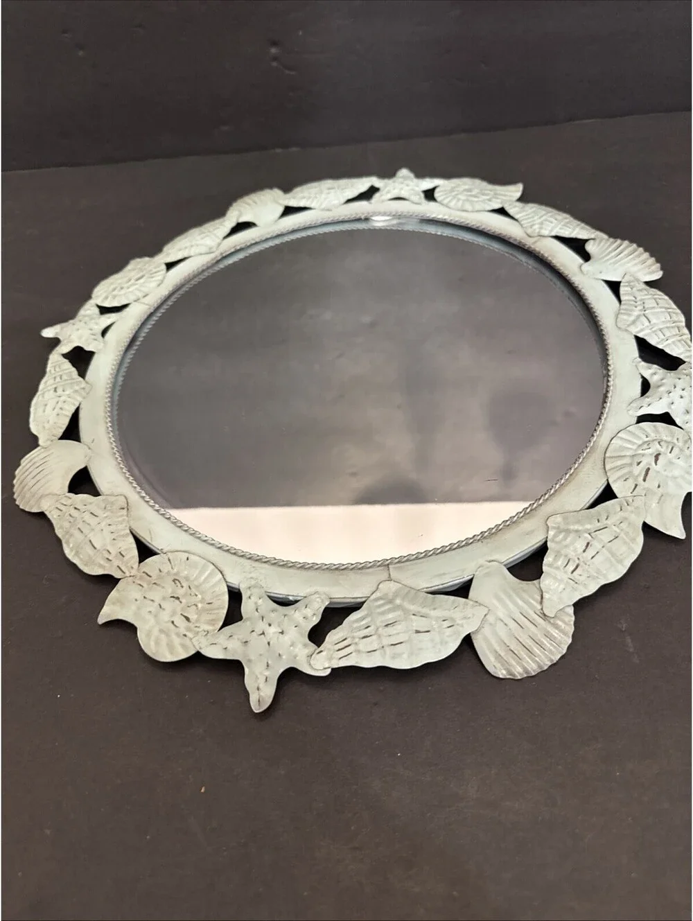 Vintage Round Seashell Metal Mirror /Tray 14.5” Coastal Beach House Nautical